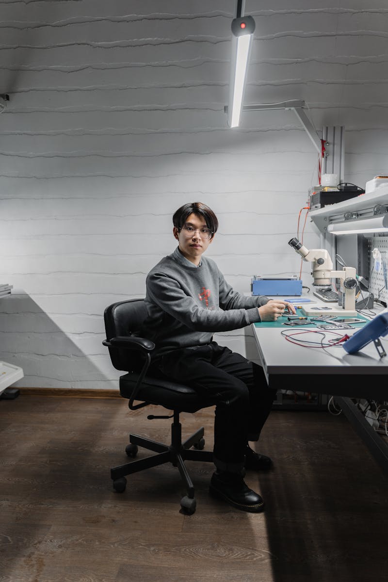 A skilled technician at a workbench in a modern electronics lab repairing a device.